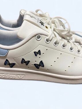 adidas white Stan Smith Sneakers with Blue Butterfly Detail